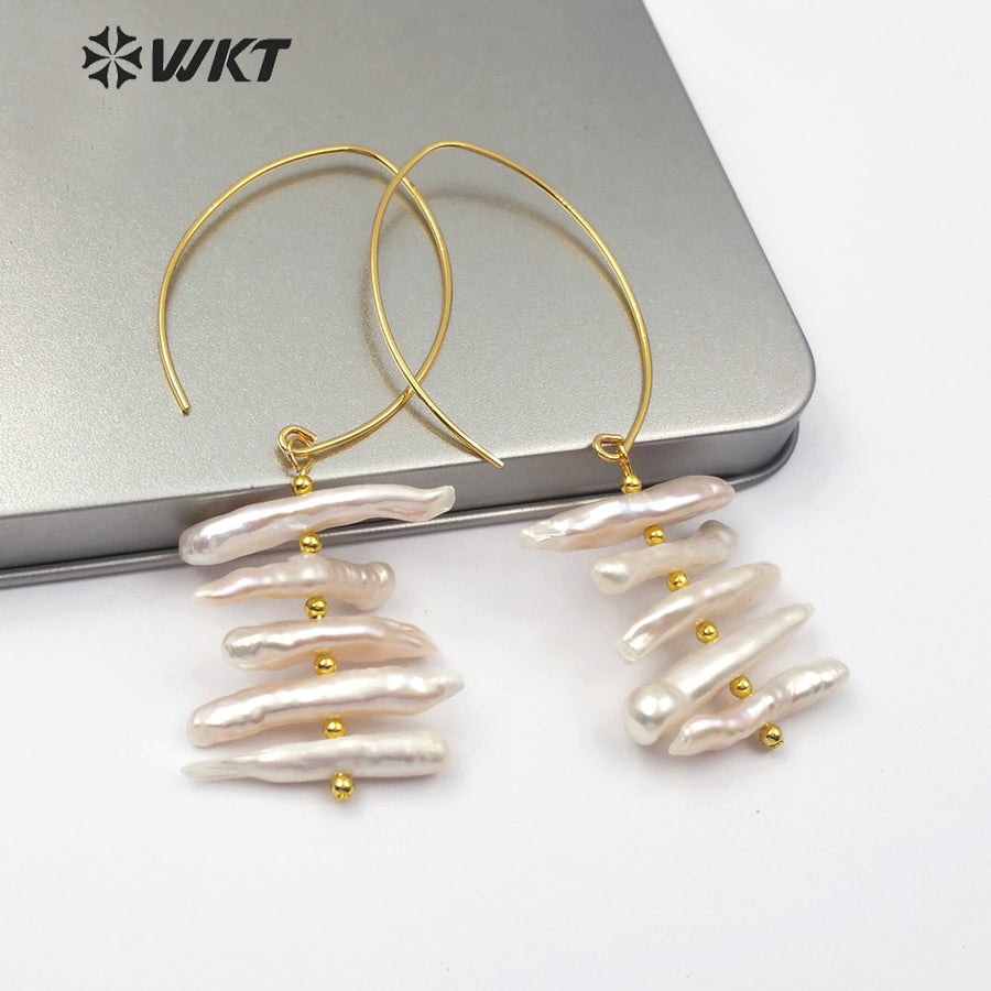 WT-E520 Elegant and Stylish Design Jewelry Earrings Natural Pearl Statement Earring 5 Irregular Strips of Pearls Earring