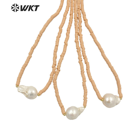 WT-JN192 New Nude Color Fashion Hand Strand Beads Necklace Elegant Freshwater Baroque Pearl Chocker Necklace in 16 Inch