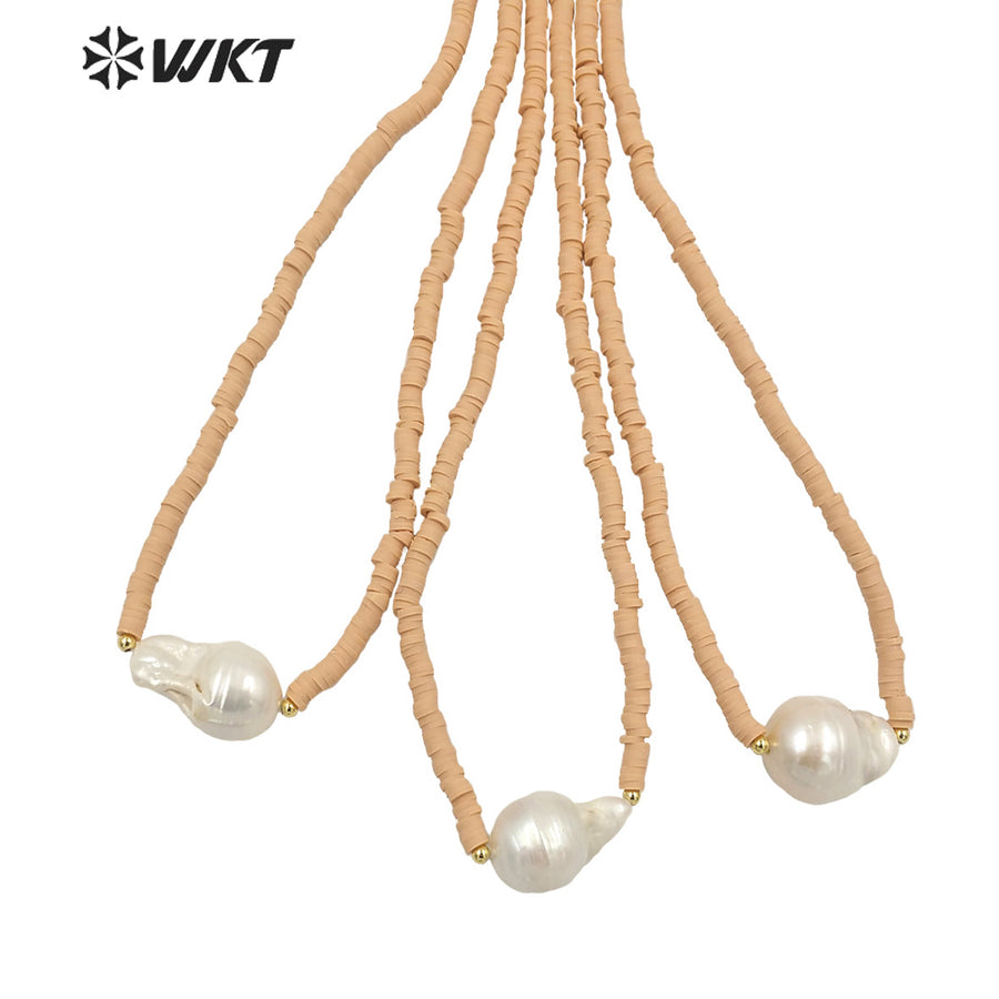 WT-JN192 New Nude Color Fashion Hand Strand Beads Necklace Elegant Freshwater Baroque Pearl Chocker Necklace in 16 Inch