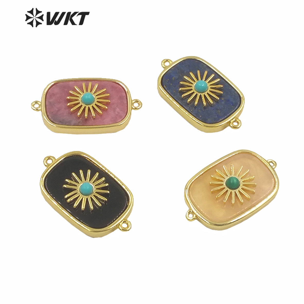 WT-C297 Newest Design High Polish Surface Natural Stone Double Loops Connectors Women Gold Bezel Precious Stone Connectors