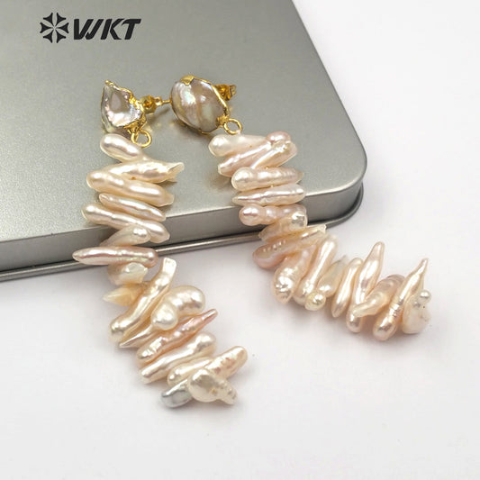 WT-E498 Irregular Shape Pearl Earring Stud With Long Bar Pearl Random Size Jewelry Natural Freshwater Pearl Earring