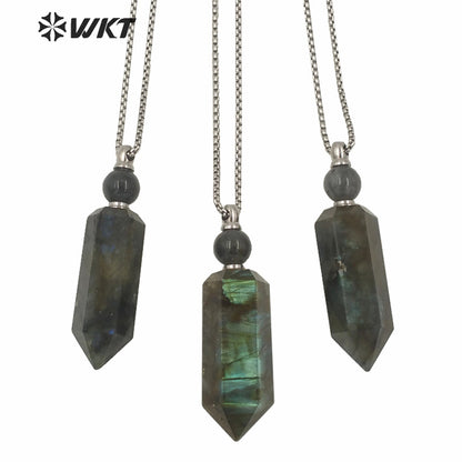 WT-N1257 Wholesale New Color Natural Labradorite Cube Stone Point Stainless Steel Perfume Bottle Necklace for Women