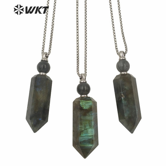 WT-N1257 Wholesale New Color Natural Labradorite Cube Stone Point Stainless Steel Perfume Bottle Necklace for Women