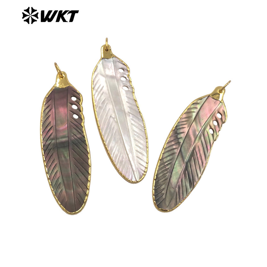 WT-JP471 Factory Wholesale 18K Gold Plated Natural Shell Feather Shape Pendants For Handmade Earrings Necklace Jewelry
