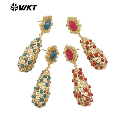 WT-E757 Amazing Popular Fashion Gold Plated Long Dangle Drop With Natural Stond Beads Setting Women Earrings