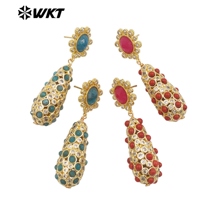 WT-E757 Amazing Popular Fashion Gold Plated Long Dangle Drop With Natural Stond Beads Setting Women Earrings