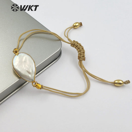 WT-B447 Handmade Pearl Bracelet Teardrop Shape Pendant With Gold Trim Rope Adjustable Jewelry Natural Freshwater Pearl Bracelet