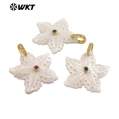 WT-JP521 Lovely Interesting Zircon And Natural White Shell Starfish Shape Gold Pendant For Women Handmade Jewelry Decorative