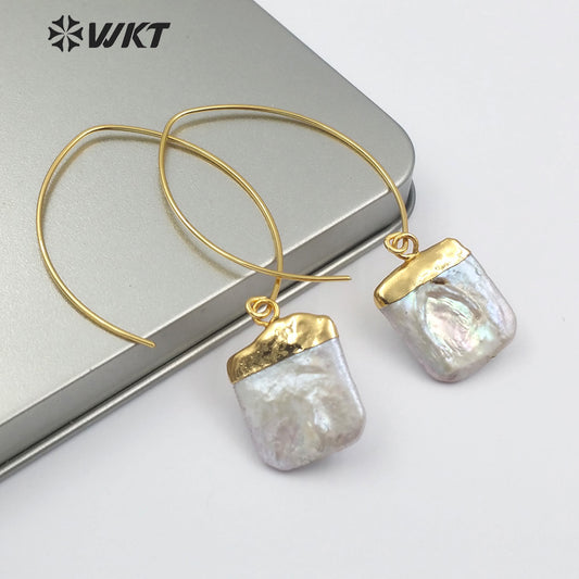 WT-E492 Gold Capped Pearl Pendant With Metal Hoop Vintage Pearl Jewelry for Women Square Shape Natural Freshwater Pearl Earring