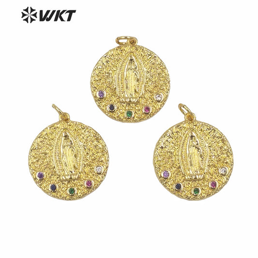 WT-MP146 WKT 2020 Most Hot Sales Round Coin Shell Pendant Women Fashion Gold Electroplated Christianity Blessed Virgin Mary