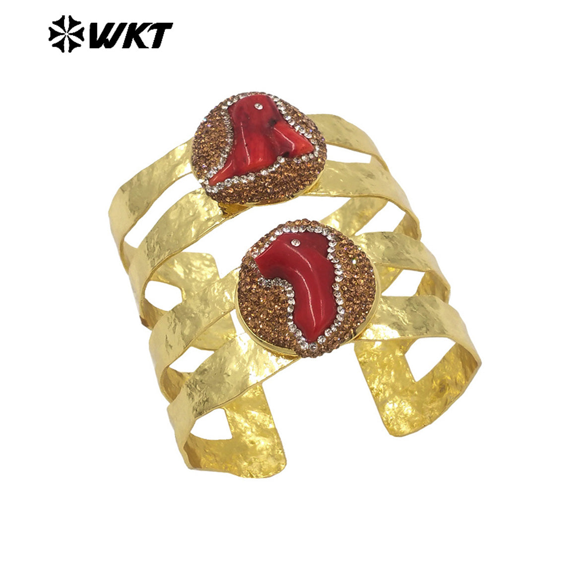 MPB104 WKT Unique Special Design Bohemian Vintage Natural Red Coral With Rhinestone Pave Gold Women Bangle