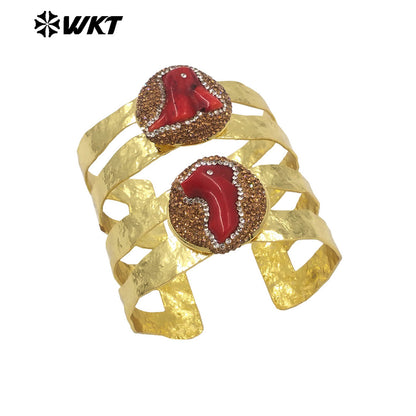 MPB104 WKT Unique Special Design Bohemian Vintage Natural Red Coral With Rhinestone Pave Gold Women Bangle