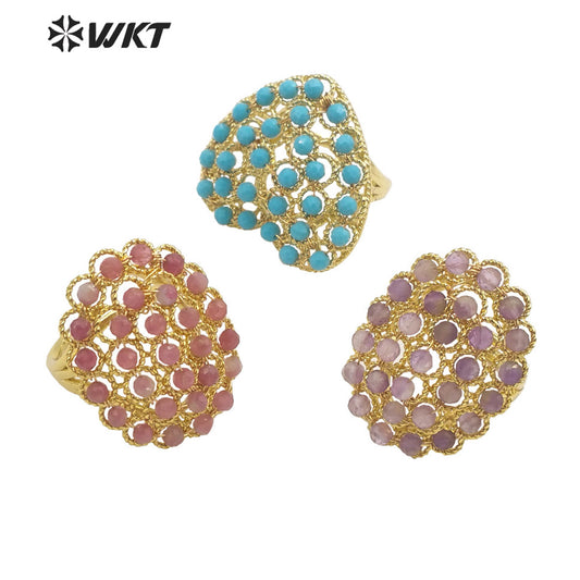 WT-R451 INS Summer Design Handmade Wire Wrapped Beads Ring 18k Gold Plated Tiny Stone Beads Jewelry Ring for Women