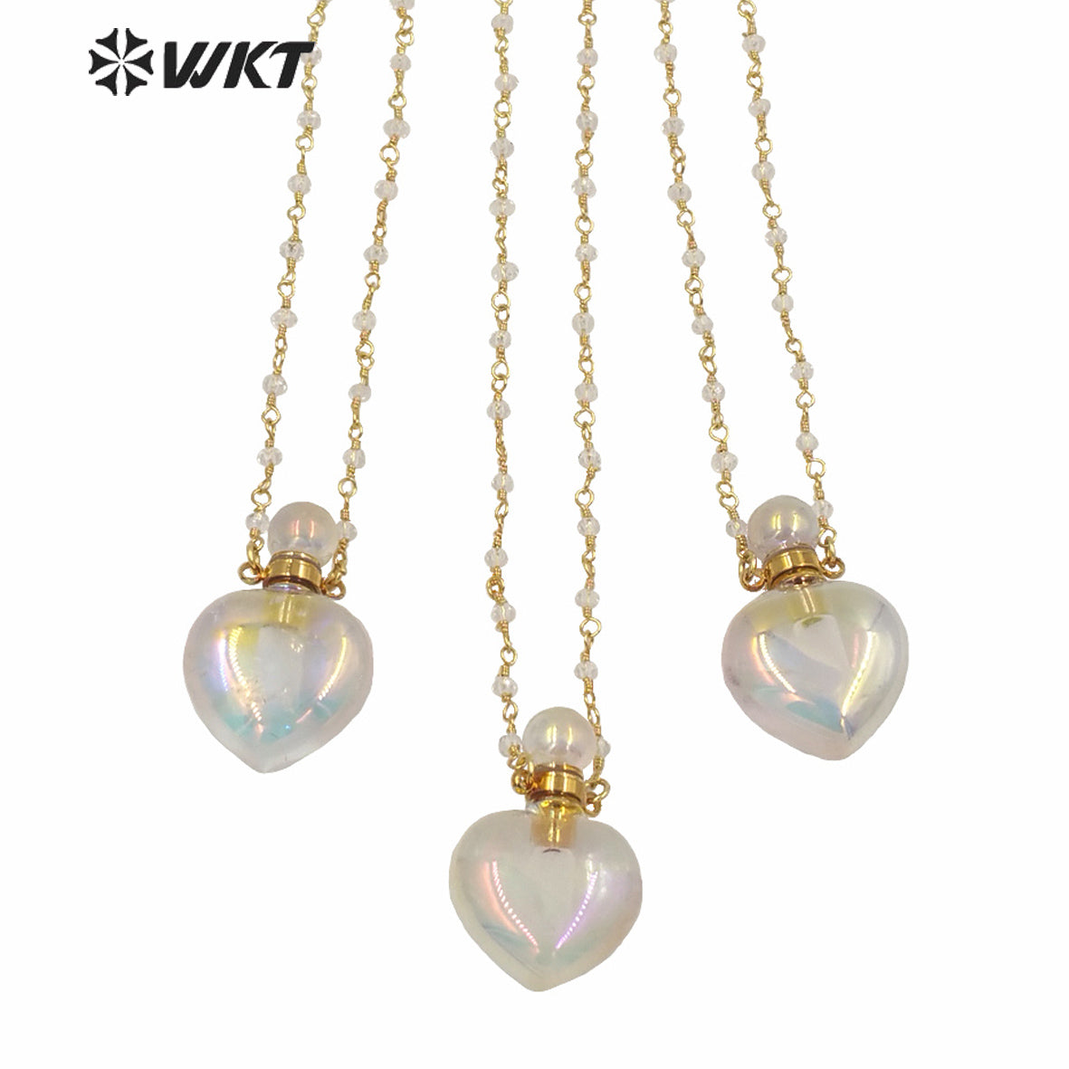 WT-N1237 WKT Amazing Aura Gold Electroplated Crystal Quartz Heart Shape Perfume Bottle Necklace Aura Stone Crystal Necklace