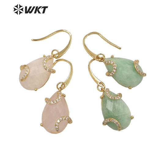 WT-E688 Wholesale Fashion Gold Prong Setting Natural Teardrop Stone Earrings Gorgeous Faceted Gemstone Micropaved Pear Earrings