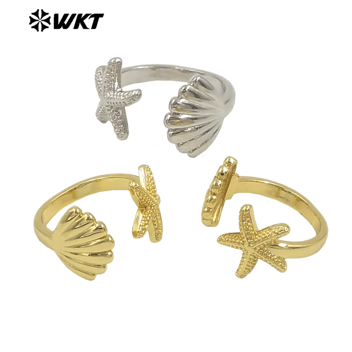 WT-R554 Sea Creative Personality 18K Gold Plated Adjustable Starfish Shell Shape Summer Ring for Hot Girls As Daily Decoration