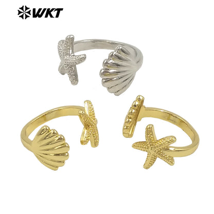 WT-R554 Sea Creative Personality 18K Gold Plated Adjustable Starfish Shell Shape Summer Ring for Hot Girls As Daily Decoration