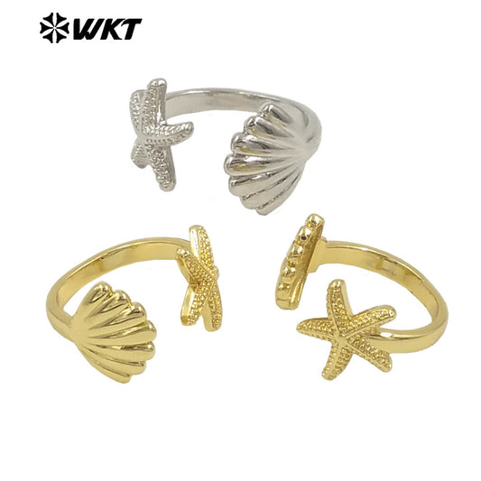 WT-R554 Sea Creative Personality 18K Gold Plated Adjustable Starfish Shell Shape Summer Ring for Hot Girls As Daily Decoration