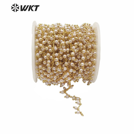 WT-RBC167 Gorgeous Hand Make Shell Pearl Beads Chain for Fashion Jewelry Design Gold Electroplated 4mm Beads Necklace Chain