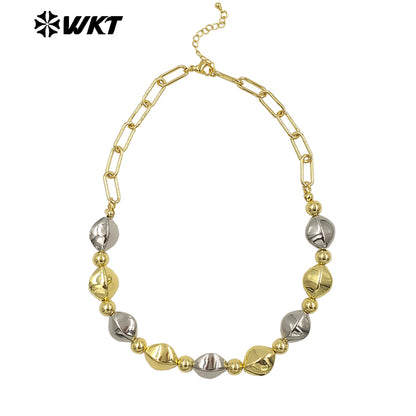 WT-JFN28 New Natural Brass 18K Gold Plated and Silver Irregular Diamond Shaped Flat Bead Necklace for Women As Daily Decoration
