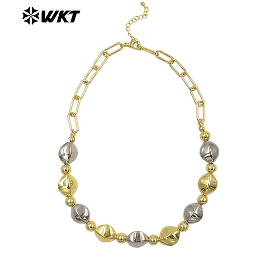 WT-JFN28 New Natural Brass 18K Gold Plated and Silver Irregular Diamond Shaped Flat Bead Necklace for Women As Daily Decoration