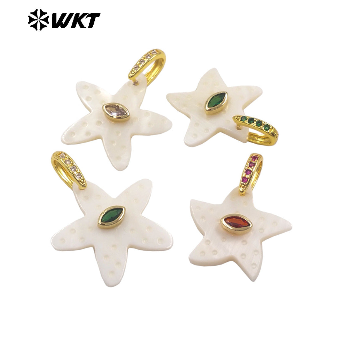 WT-JP480 Trendy Simple Style Gold Plated Zircon And White Shell Starfish Shape Little Pendants For Women Earrings Design