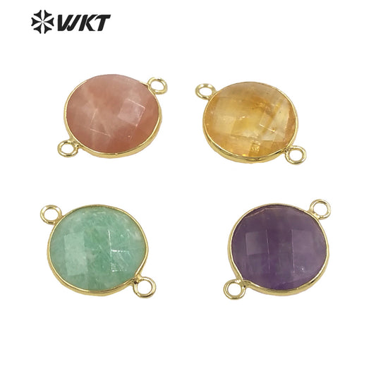 WT-C314 WKT Newest 16mm Round Double Faceted Gemstone Connectors for Jewelry Findings Amethyst Amazonite Stone for Bracelet