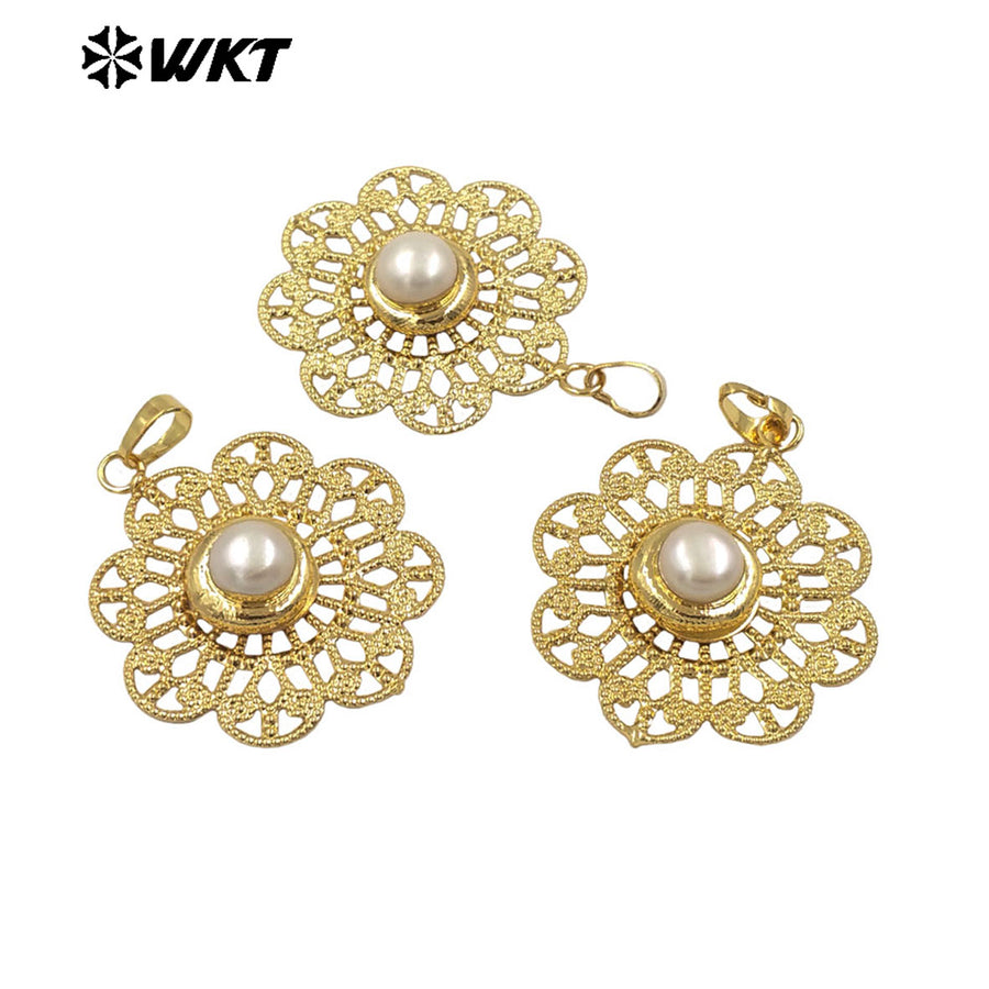 WT-JP367 Wholesale Newest Elegant 18K Gold Plated Trendy Women Hollow Real Freshwater Pearl Jewelry Pendants for Necklace