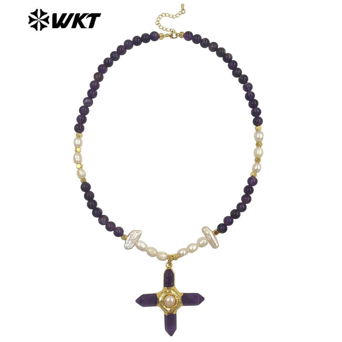 WT-JN375 High Quality Women Beautiful Gold Plated Natural Gemstones And Pearl Splicing Chain With Stone Cross Pendant Necklace