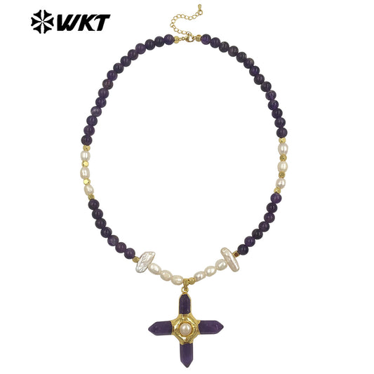 WT-JN375 High Quality Women Beautiful Gold Plated Natural Gemstones And Pearl Splicing Chain With Stone Cross Pendant Necklace