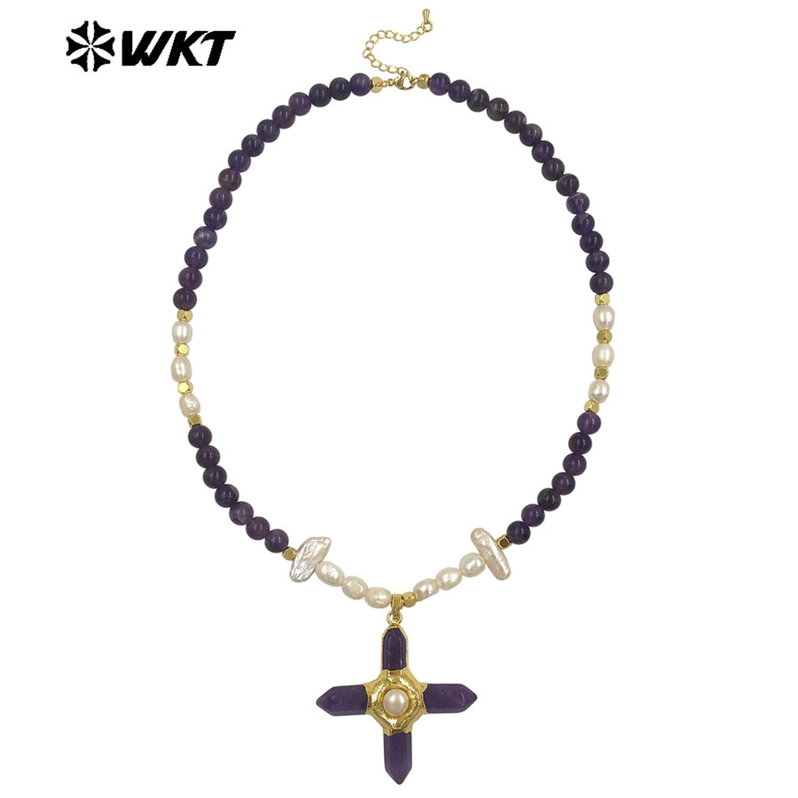 WT-JN375 High Quality Women Beautiful Gold Plated Natural Gemstones And Pearl Splicing Chain With Stone Cross Pendant Necklace