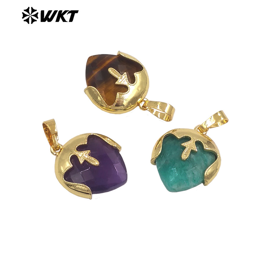 WT-P2013 Unique Design Top Cover Gold Plated Heart Shape Natural Gemstones Cute Pendant For Ladies Necklace Jewelry Diy