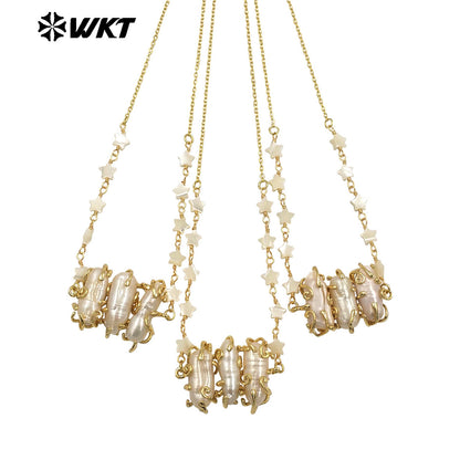 WT-JN302 Wholesale Popular Exquisite 18K Gold Plated Star Beads Inlaid Oval Large Pearl Necklace for Girl As Anniversary Gift
