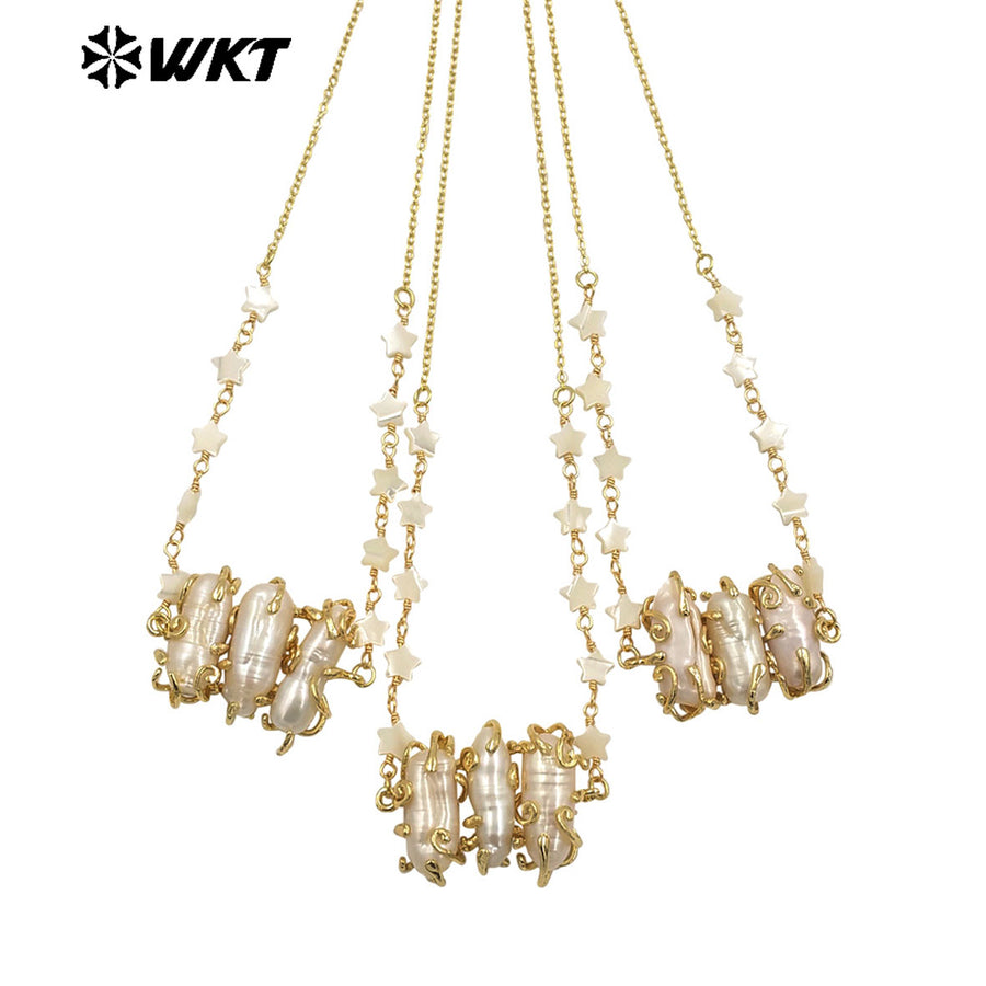 WT-JN302 Wholesale Popular Exquisite 18K Gold Plated Star Beads Inlaid Oval Large Pearl Necklace for Girl As Anniversary Gift