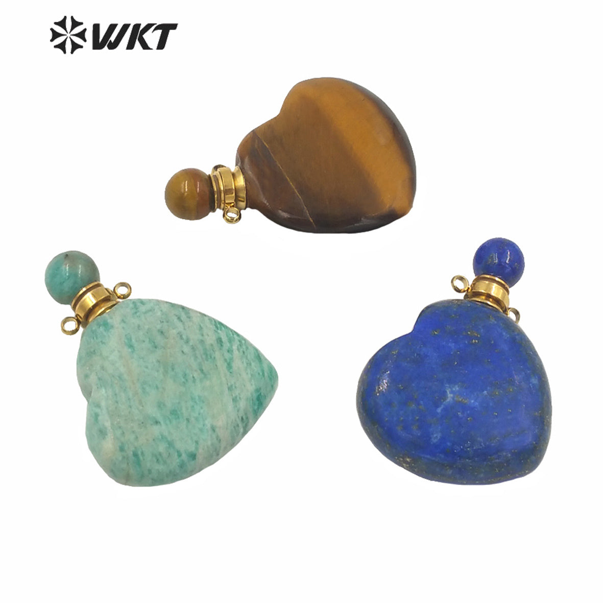 WT-P1604 Wholesale Gorgeous Unique Natural Stone Heart Perfume Bottle Pendant Double Loops Gold Stone Bottle Pendant