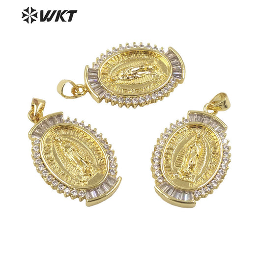 WT-MP276 Newest Vintage Style Female Deity Shaped Natural Shell Shell&Cubic Zircon Madonna Design Pendant