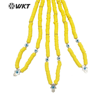 WT-JN196 Amazing New Design Healing Handsha Yellow Resin Beads Strand Necklace Natural Shell Made Hand Charm Pendant Necklace