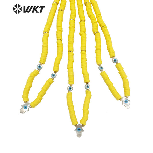 WT-JN196 Amazing New Design Healing Handsha Yellow Resin Beads Strand Necklace Natural Shell Made Hand Charm Pendant Necklace