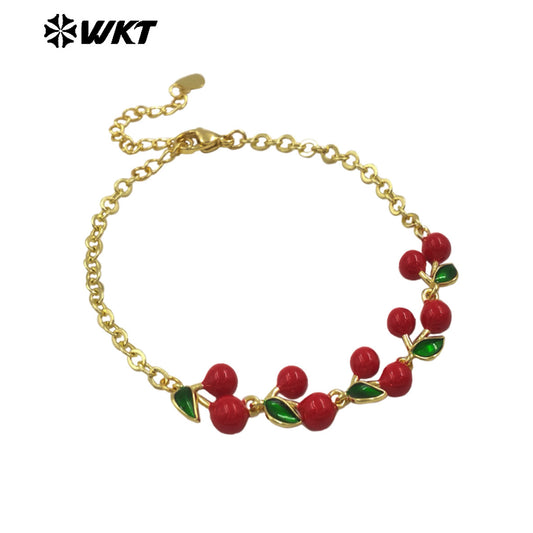 WT-JF365 New Arrival Fruit Series Cherry And Strawberry Fashion Bracelet Yellow Brass With Drop Oil Gold Plated Ladies Accessory