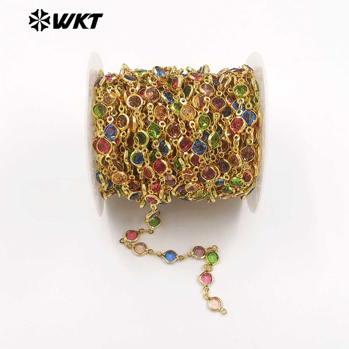 WT-BC281 Beautiful Colorful Round Crystal And Gold Electroplated Yellow Brass Metal Chain For Elegant Necklaces Making