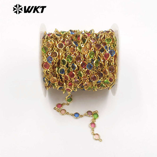 WT-BC281 Beautiful Colorful Round Crystal And Gold Electroplated Yellow Brass Metal Chain For Elegant Necklaces Making