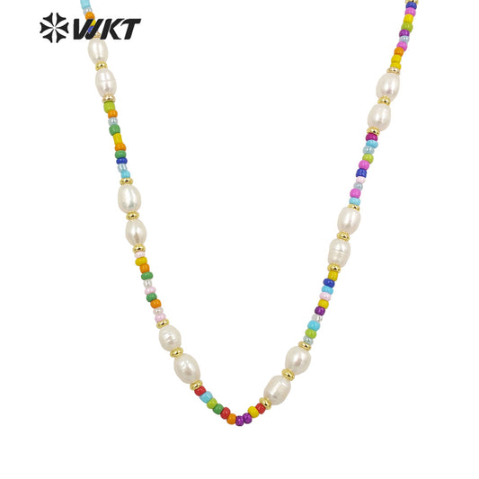 WT-JN198 Elegant Fashion Handmade Strand Beads Pearl Necklace Office Style Chic Colorful Tiny Beads Necklace