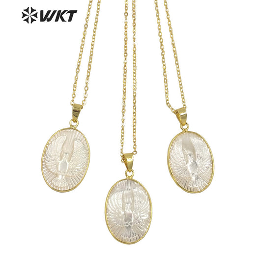 WT-JN180 WKT New Style Fashion Gold Bezel Mother of Pearl Carved White Eagle Pendant Necklace Women Holy Animal Pendants