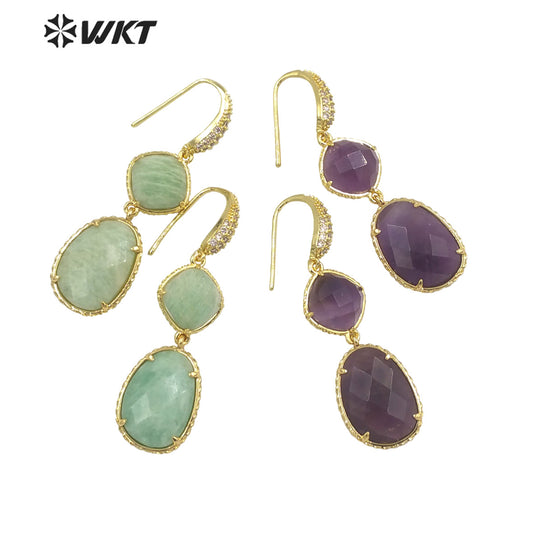 WT-E687 Wholesale Fashion Natural Amazonist Stone Earrings Women Amethyst Double Stone Prong Setting Gorgeous Earrings