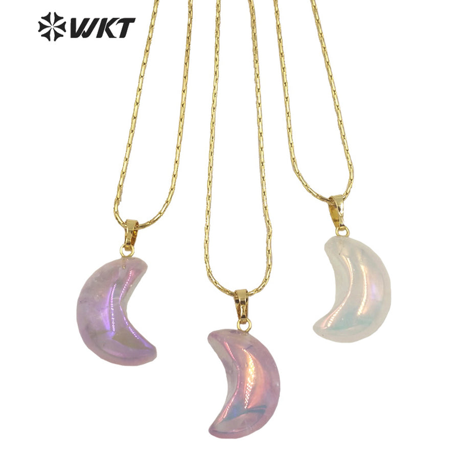 WT-N1335 Romantic Cute Shiny Crystal with Arua Pendant Necklace Moon Shape Natural Stones Amethyst with Aura Jewelry Necklace
