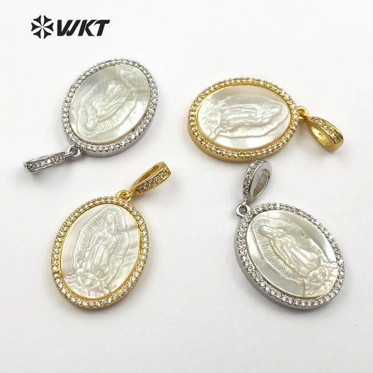 WT-MP107 Charm Dainty Virgin Mary Shell Pendent in Gold or Sliver Religious Jewelry Gift for Women Micro Pave Shell Pendant