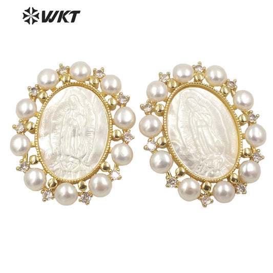 WT-JP275 Women Gorgeous Mother of Pearl Cubic Zircon Religious Pendant UK Design Tiny Pearl Charm Virgin Mary Necklace Pendant