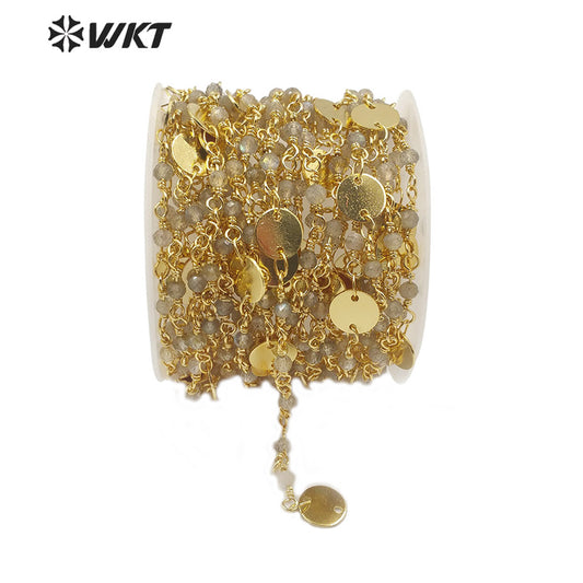 WT-RBC149 Shiny Labradorite Beads Chain Stylish Gold Plated Labradorite Rosary Beads Chain for DIY Jewelry Making