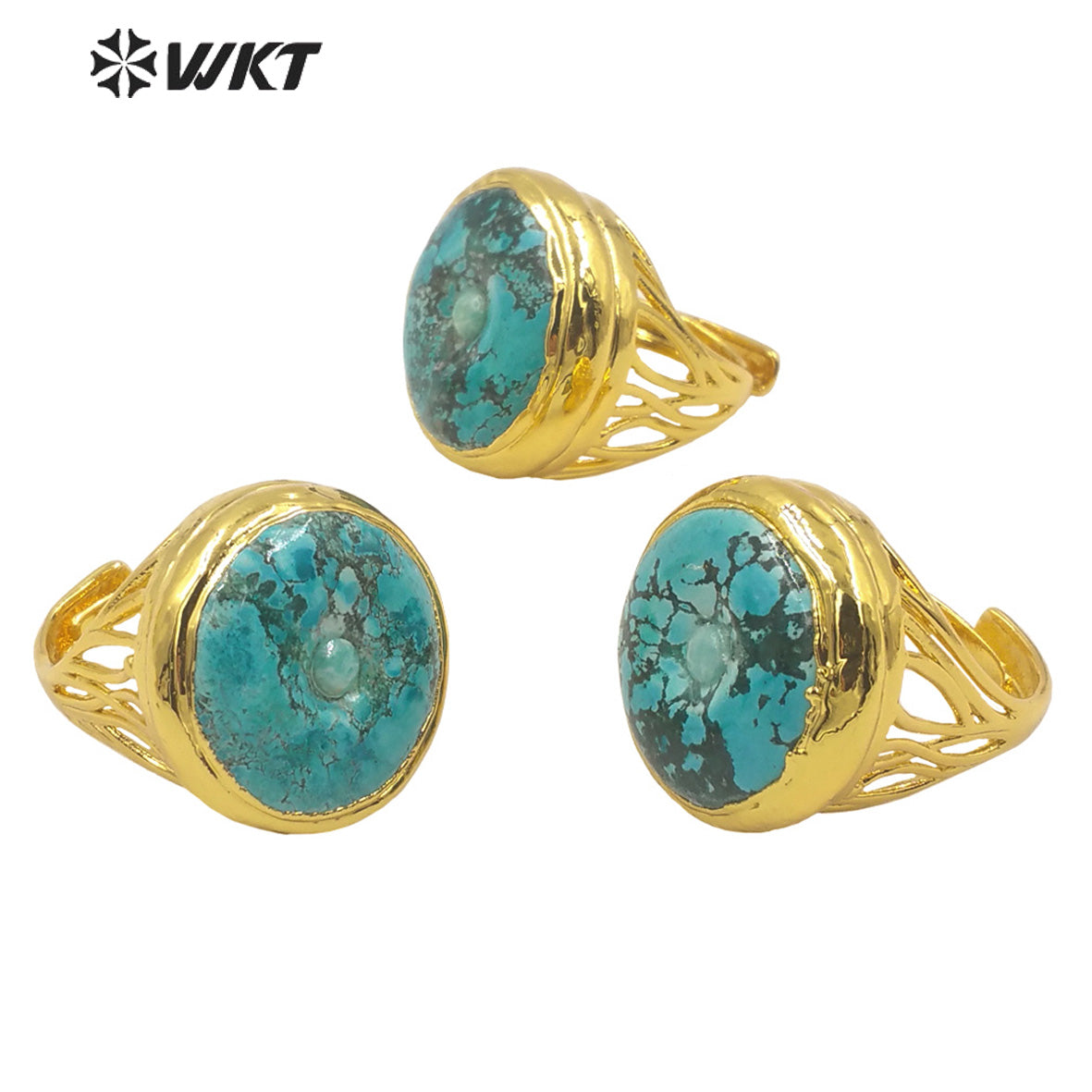 WT-R410 Vintage Extravagant Women's Ring 18k Gold Plated Fashion Adjustable Natural Beautiful Turquoise Ring Natural Stone Ring