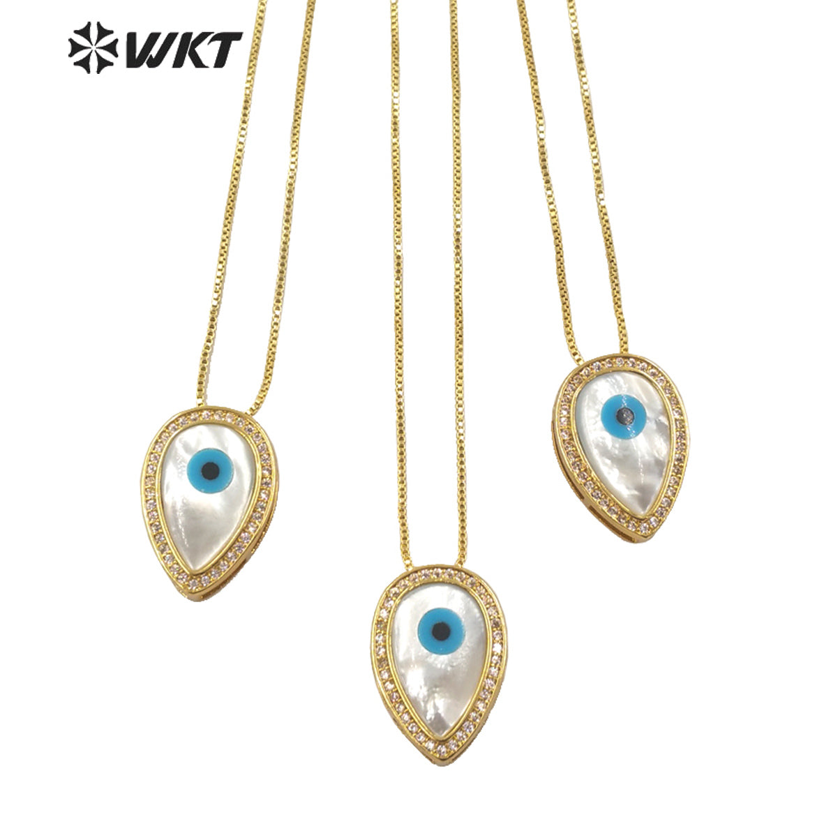 WT-MN972 Fashion Gold Electroplated Cubic Zircon Trim Natural Shell Teardrop Eye Necklace in Adjustable Women Turkey Necklace
